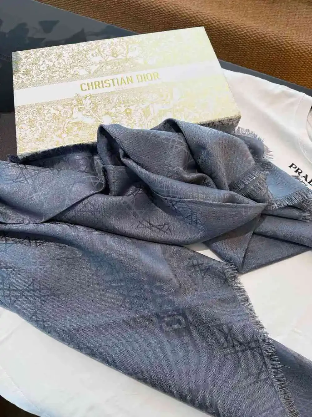 DIOR Blue Monogram Fringed Scarf